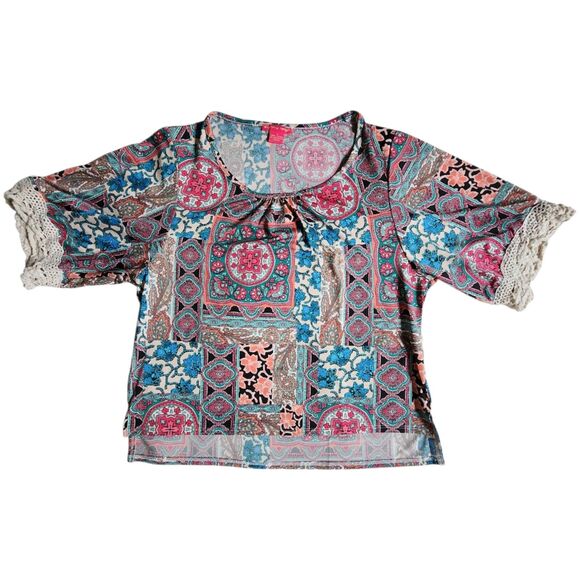 Sunny Leigh Pink Teal Multi Color Boho Patchwork Bandana Print Top sz S - Picture 1 of 10